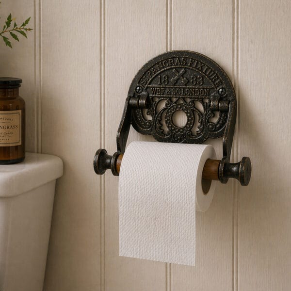 Toalettpappershållare i gjutjärn och trä med dekorativ vintagekänsla. Stilfull och praktisk detalj 18,5x14x3,5 cm som ger badrummet karaktär.