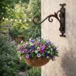 Ampelkrok i gjutjärn för fasad, altan och trädgård. Passar för blomsterkorg eller lykta. Stabil och dekorativ upphängning för utomhusbruk. Mått 29,5×31 cm.