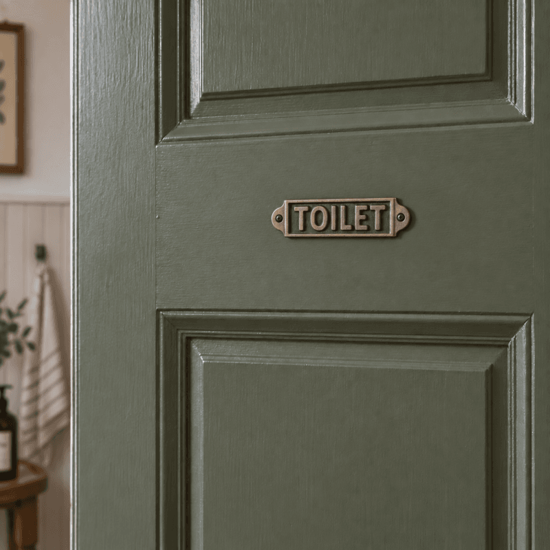Toalettskylt i gjutjärn med texten Toilet, 16 × 4 cm