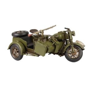 Dekorativ motorcykel med sidovagn i målad plåt. Mått 36x26x16 cm (lxbxh).