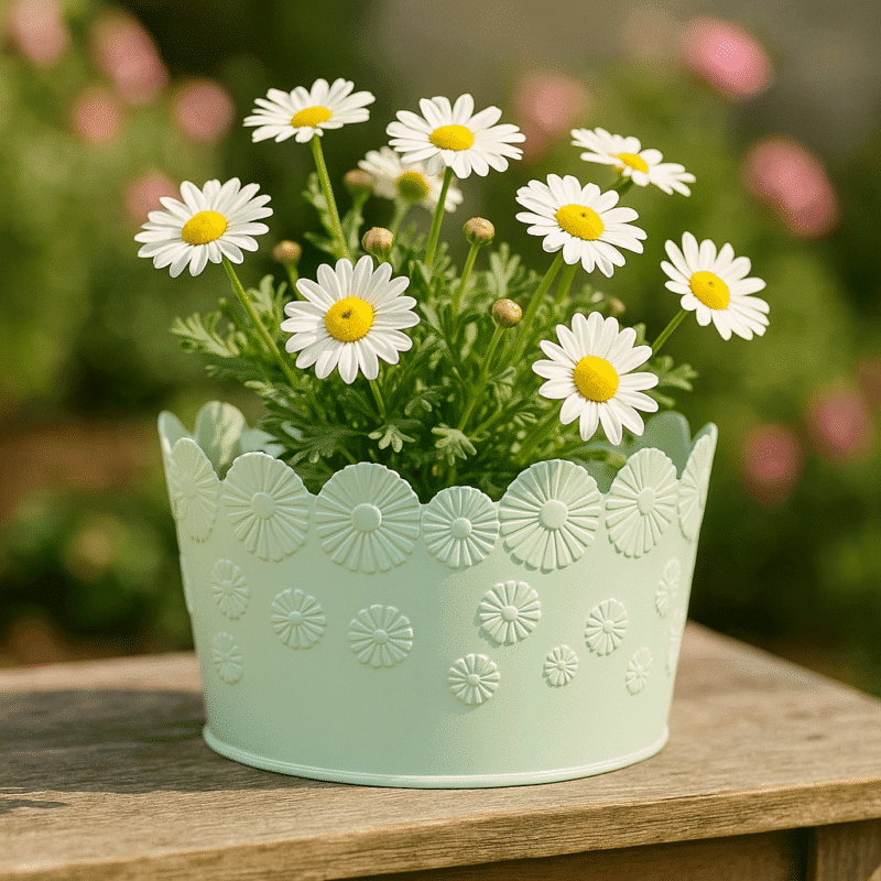 Blomkrukan Daisy kommer med somrig charm. Rund kruka i plåt med reliefmönster av prästkragar runt om. Lekfull spetskant och blommig design. Dia 18,5 cm.