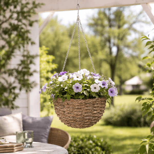 Ampel i sjögräs med plastad insida och kedjeupphängning. Perfekt för sommarblommor och gröna växter inne eller på altan. Mått 25 cm diameter.