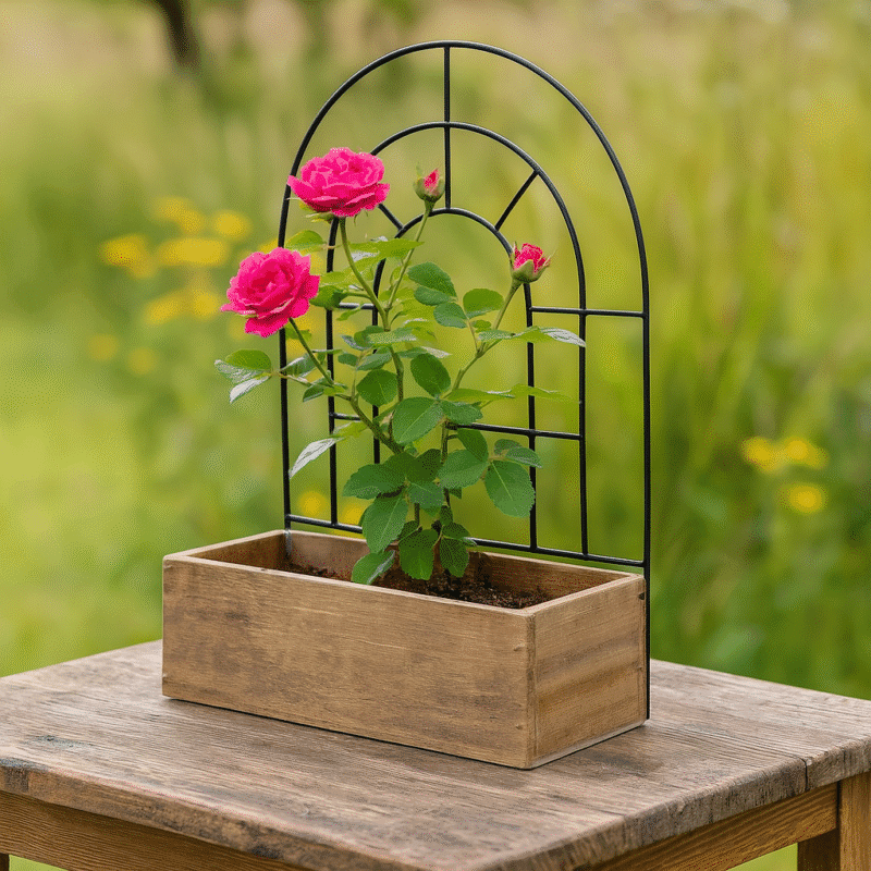 Ge dina sommarblommor en fin inramning med denna charmiga spaljékruka i trä och svart metall. Med sin nätta storlek passar den utmärkt på altanbordet.