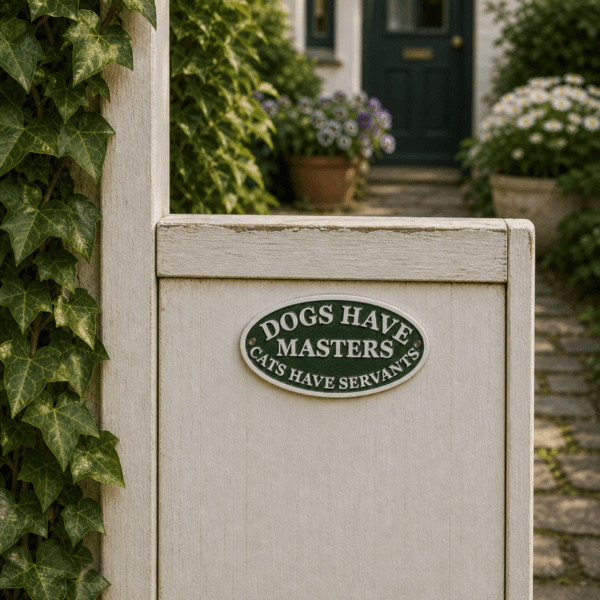 Humoristisk gjutjärnsskylt med texten DOGS HAVE MASTERS CATS HAVE SERVANTS. Perfekt för djurälskare, fin detalj till entré, staket eller trädgård.