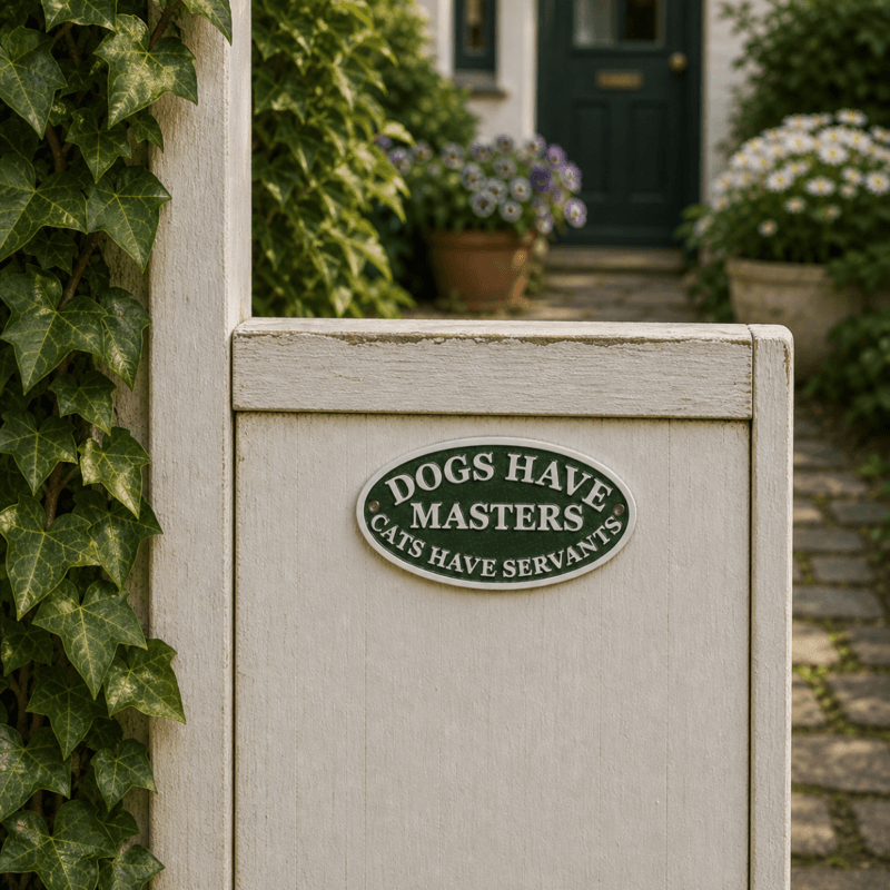 71CS-1 Humoristisk gjutjärnsskylt med texten DOGS HAVE MASTERS CATS HAVE SERVANTS. Perfekt för djurälskare, fin detalj till entré, staket eller trädgård.