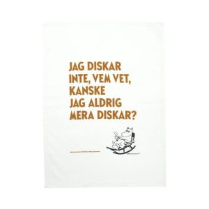 Kökshandduk i bomull med tryck från Tove Janssons bok om Mumintrollen. "Jag diskar inte, vem vet, kanske jag aldrig diskar mer?". Mått 50x70 cm.