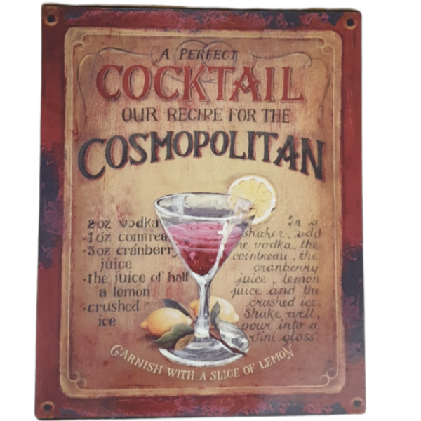 Plåttavla Cosmopolitan. Mått 25x20 cm.