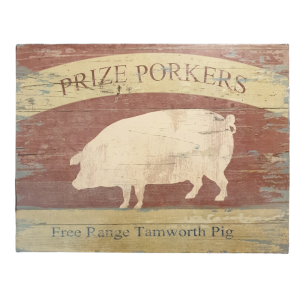 Plåttavla Prize porkers. Mått 35x27 cm.