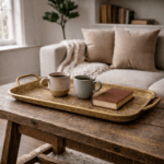 Bricka i mässingsfärgad metall med genombruten dekor. Stilren och dekorativ bricka med handtag, perfekt för både servering och som inredningsdetalj.