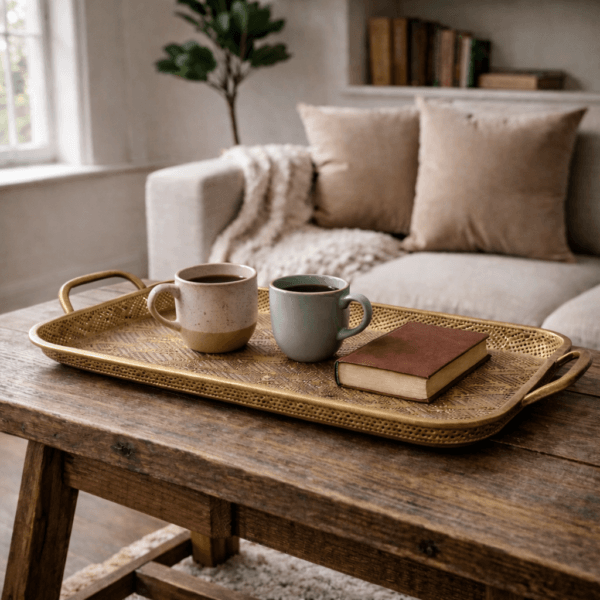 Bricka i mässingsfärgad metall med genombruten dekor. Stilren och dekorativ bricka med handtag, perfekt för både servering och som inredningsdetalj.