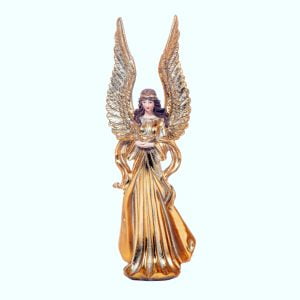 Dekorativ ängel i guldfärgad polyresin. Höjd 32 cm.