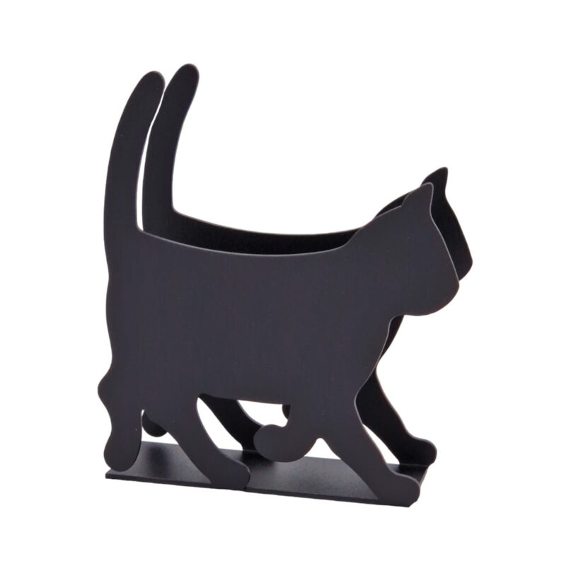 Servettställ i metall i form av en katt. Dekorativt på bordet och praktiskt med servetter nära till hands. Mått 11x9,5x3,5 cm (lxhxd).