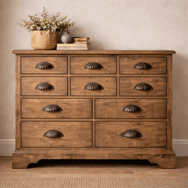 Skålformade draghandtag i gjutjärn med rustik karaktär. Den mörka, något råa ytan på gjutjärnet lyfter fram känslan av hantverk och hållbar kvalitet.