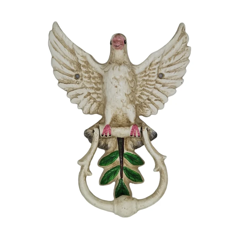 Dörrkläpp i bemålat gjutjärn i form av en duva. Mått 22x17x3,5 cm (hxbxd).