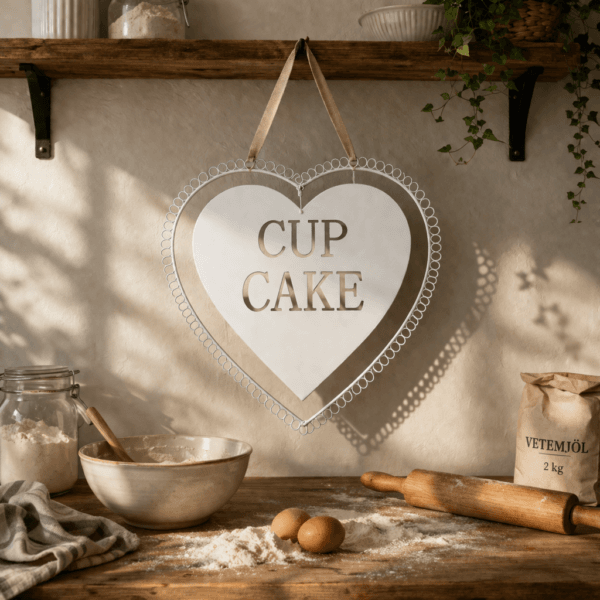 Vit metallskylt “Cup Cake” i hjärtform med utskuren text. Perfekt för bakningsentusiasten och som dekorativ detalj i kök eller hemmabageri.