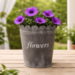 Plåtkruka med genombruten kant och räfflad yta. Dekorativ modell för växter och blommor, passar lika fint inne som i uterum eller på altan. 20x17 cm.