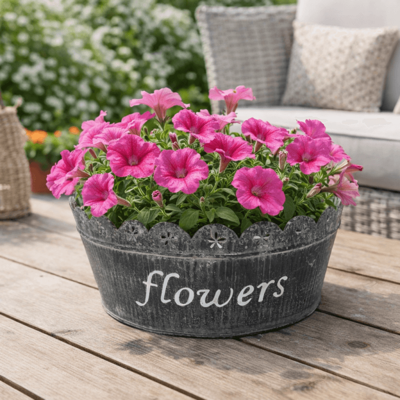 Plåtkruka med genombruten kant och räfflad yta. Dekorativ modell för växter och blommor, passar lika fint inne som i uterum eller på altan. 10x25 cm.