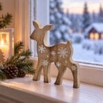 Dekorativt rådjur i trä. Den naturliga trätonen och de vita detaljerna ger figuren ett vintrigt uttryck som passar fint bland julens dekorationer.