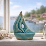Segelbåt i celadonfärgad keramik med krackelering. Maritim dekoration i blågröna toner, fin i fönster eller på hylla. Mått 16 cm hög.