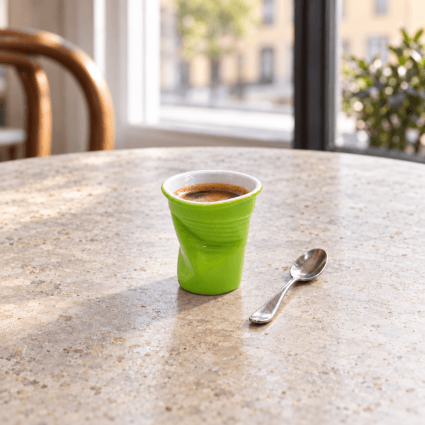 Grön espressokopp i porslin med espresso på ett ljust stenbord och en kaffesked till höger