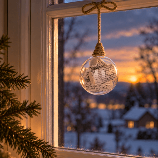 Meta Julgranskula i transparent plast med dekorativa skriftrullar och rustikt snöre. Fin i julgranen eller som hängande juldekoration i fönstret.