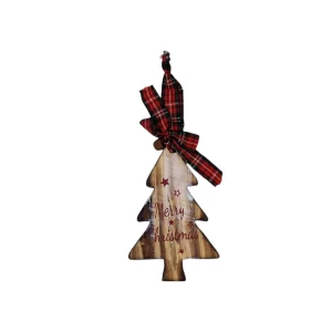 Hängdekoration i trä, julgran med textilband. Mått: 13x8,5x1 cm (hxbxd).