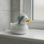 Charmiga badanka i polyresin med retroinspirerad badmössa och en söt blomma på toppen. Perfekt som dekoration i badrumsfönstret.