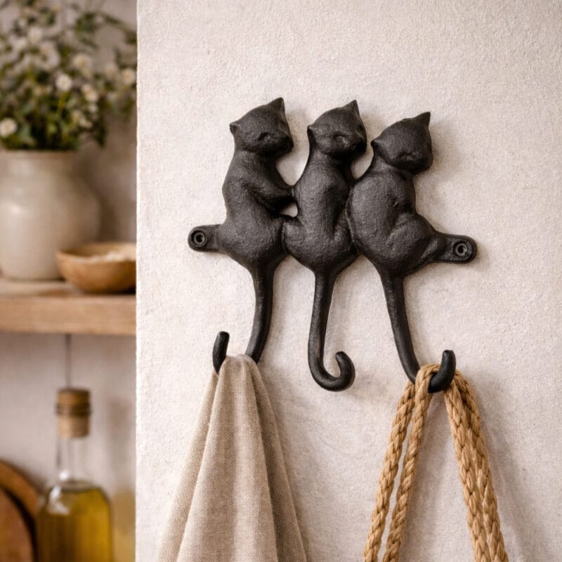 Dekorativ hängare i gjutjärn med tre katter. Praktiska krokar för nycklar, handdukar eller väskor. Passar perfekt i hall, kök eller lantlig miljö.