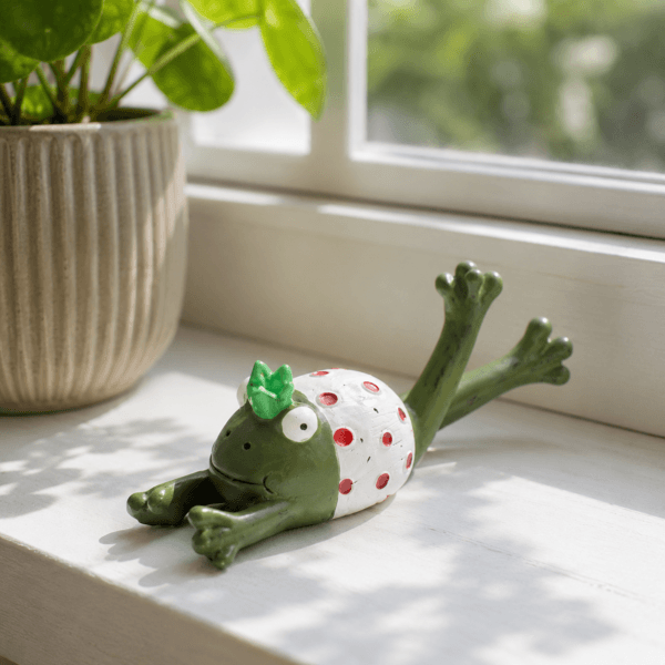 Solande groda i polyresin med charmigt uttryck. Fin som dekoration i fönster, på hylla eller som servetttyngd vid dukning inne och ute.