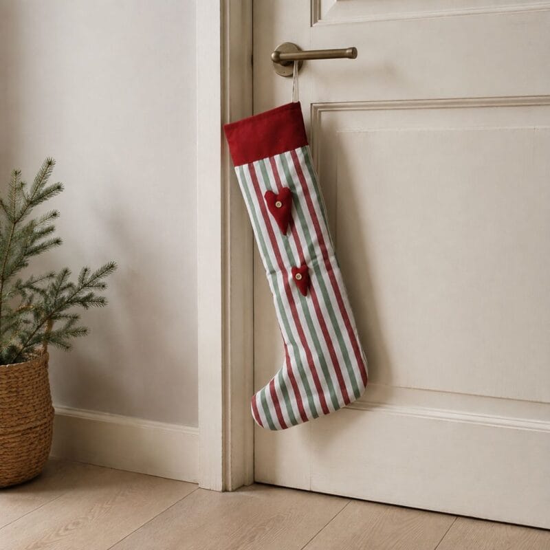Julstrumpa i textil. Häng den på ett dörrhandtag, en krok eller vid granen och låt den bli en del av julens förväntansfulla stämning. Längd: 47 cm