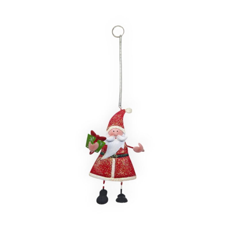 Hängande tomte i metall med glittrande tomtedräkt. Mått: 12x7 cm (hxb).
