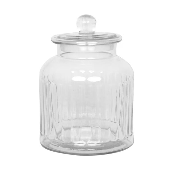 Stor glasburk i klarglas med lock. Perfekt förvaring i t ex köket. Ej tätslutande lock. Diameter 17 cm, höjd 23 cm.