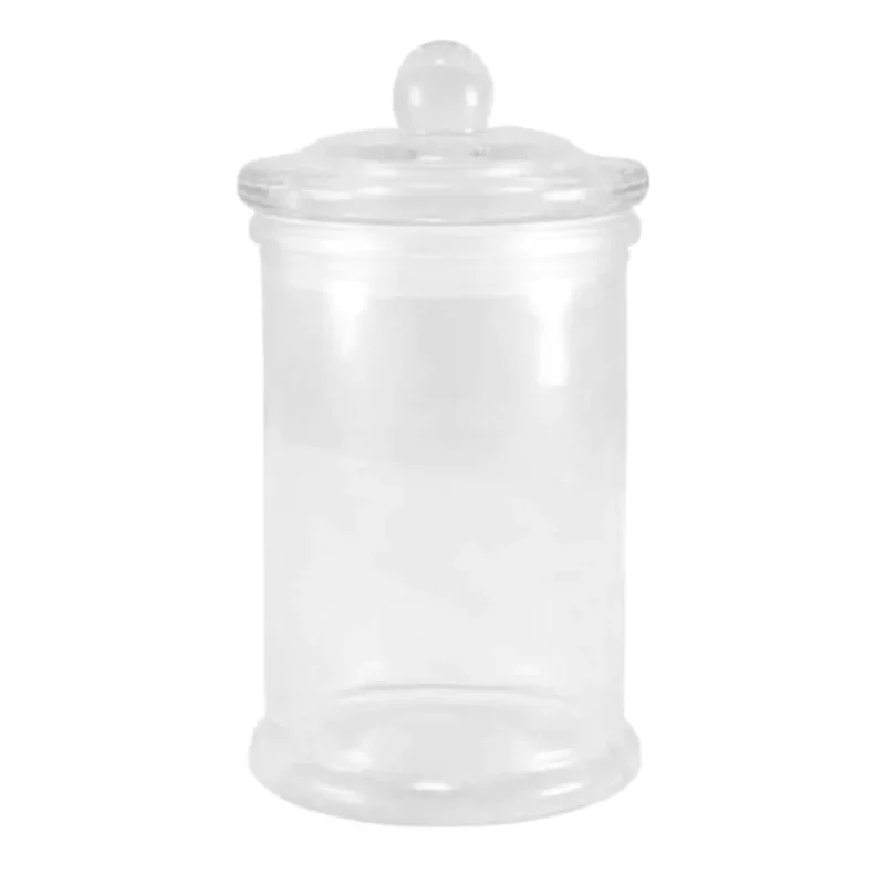 Cylinderformad glasburk i klarglas med tätslutande lock. Burken är både praktisk och dekorativ och passar lika bra i köket som i badrummet. Höjd 14,5 cm.