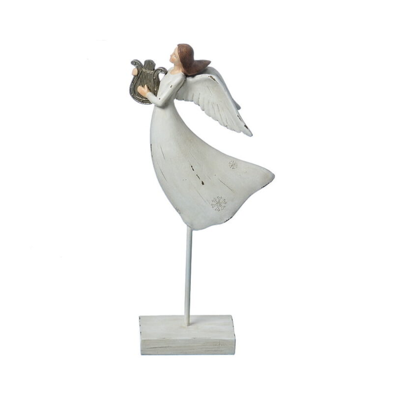 Ängel spelandes på en lyra. Material: polyresin, trä och metall. Höjd 19,5 cm.