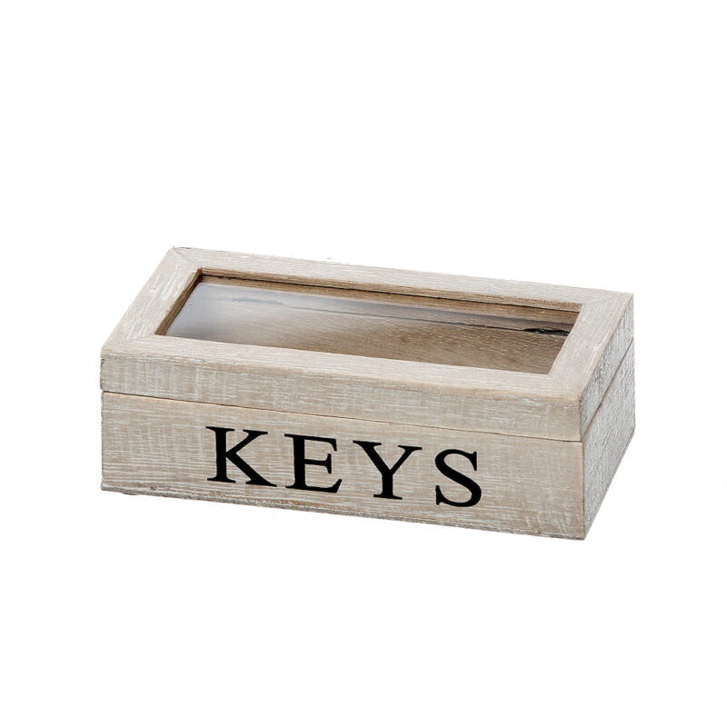 Ask i trä med glaslock för förvaring av nycklar. Mått 16,5x5x8,5 cm (bxhxd).