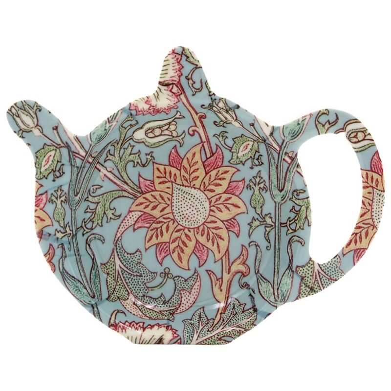 Fat i melamin för tepåse eller tesil, dekorerat med mönstret Pink and Rose av William Morris. En praktisk detalj för testunden.