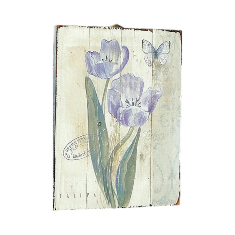 Tavla i trä med fint blomstermotiv. Mått: 30x25 cm (hxb).