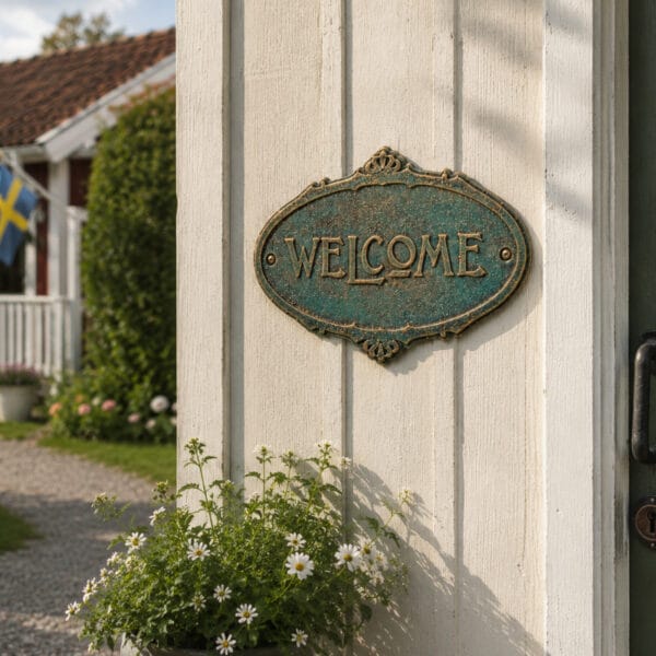 Dekorativ skylt i målat gjutjärn med klassisk design och rustik känsla. Passar perfekt vid entrén, verandan eller i hallen.