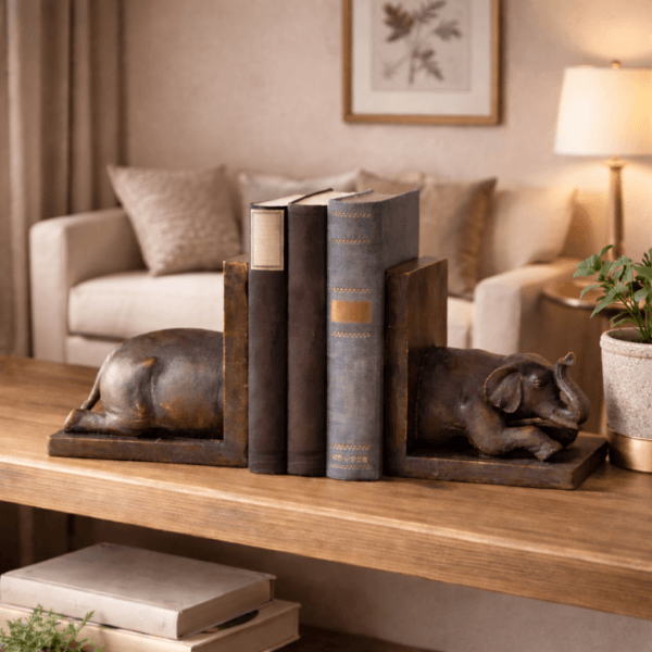 Dekorativa bokstöd i form av en elefant i två delar. Tillverkade i polyresin, en stilfull och lekfull detalj som håller böckerna på plats.