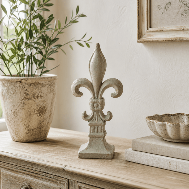 Fransk lilja i gjutjärn med klassisk form och ljus patinerad yta. Dekorativ detalj som passar på byrå, sideboard eller i fönster och ger rummet karaktär.