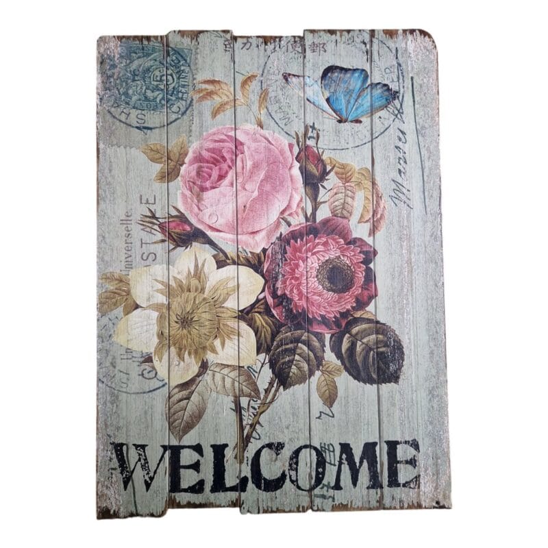 Charmig trätavla, av ihopsatta plankor, med blommotiv 79x50 cm.