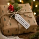 Presenttag i trä med texten Merry x-mas. En rustik juldekoration som blir en stämningsfull och personlig detalj på julklapparna.