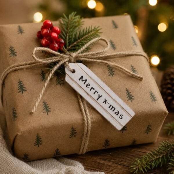 Presenttag i trä med texten Merry x-mas. En rustik juldekoration som blir en stämningsfull och personlig detalj på julklapparna.