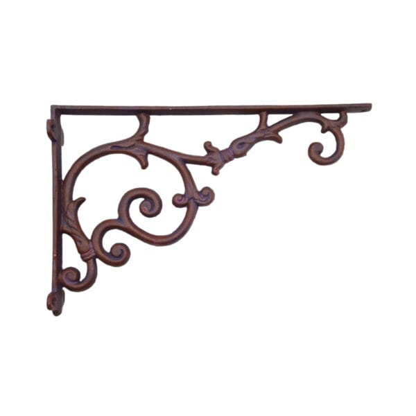Konsol i plommonbrunt gjutjärn för montering av hyllplan. Kan också användas som ampelkrok. Mått 19,5×30,5 cm (hxl).