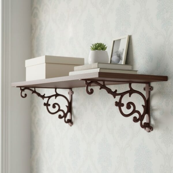 Plommonbrun hyllkonsol i gjutjärn med dekorativ blomdekor. Kan även användas som ampelkrok. Mått 19,5×30,5 cm. Säljes styckevis.