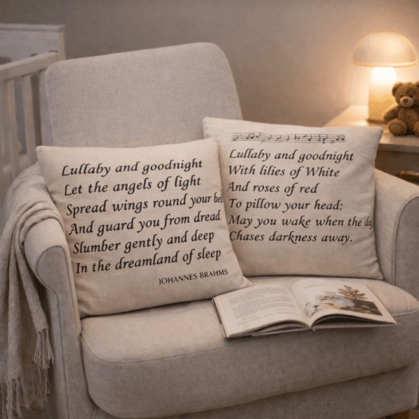 Kuddfodral 38×36 cm i naturfärgad bomull med text från Brahms vaggvisa. Motivet fortsätter på baksidan. Dragkedja. Passar innerkudde 40×40 cm.