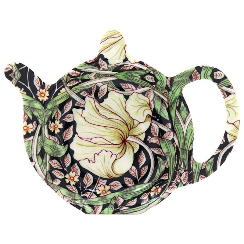 LP96111.jpg Fat i melamin för tepåse eller tesil, dekorerat med mönstret Pimpernel Midnight av William Morris. En praktisk detalj för testunden.