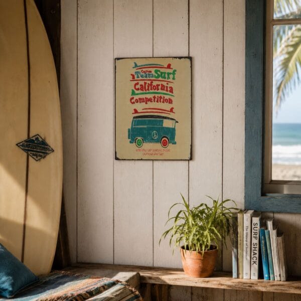 Retroinspirerad plåttavla med klassisk surfdesign. Passar perfekt i allt från ungdomsrum och hemmabar till sommarstuga eller surfhörna. Mått: 30x40 cm.