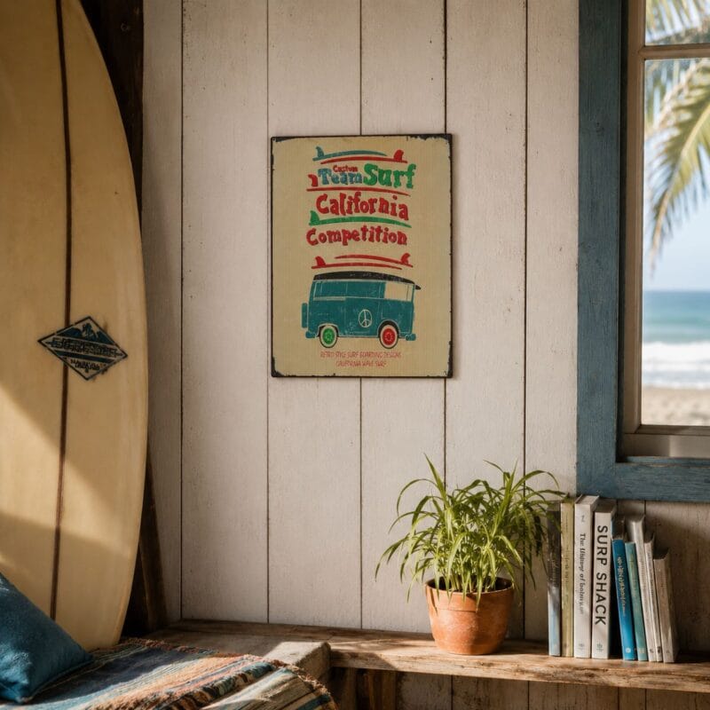 Retroinspirerad plåttavla med klassisk surfdesign. Passar perfekt i allt från ungdomsrum och hemmabar till sommarstuga eller surfhörna. Mått: 30x40 cm.