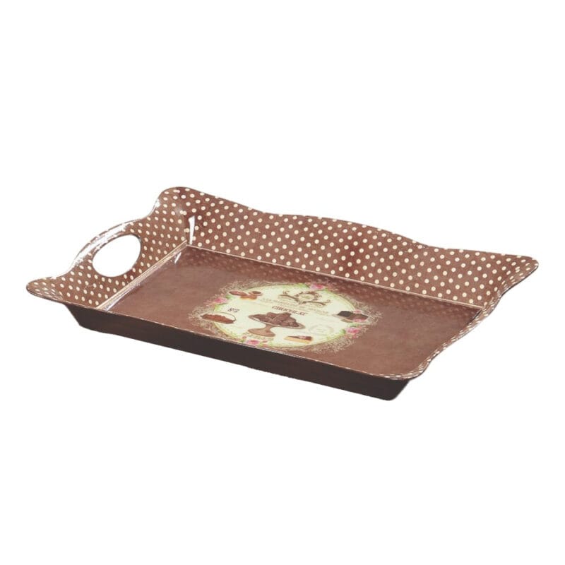 Bricka i plast med chokladigt motiv. Mått:40x28x5 cm (LxBxH).